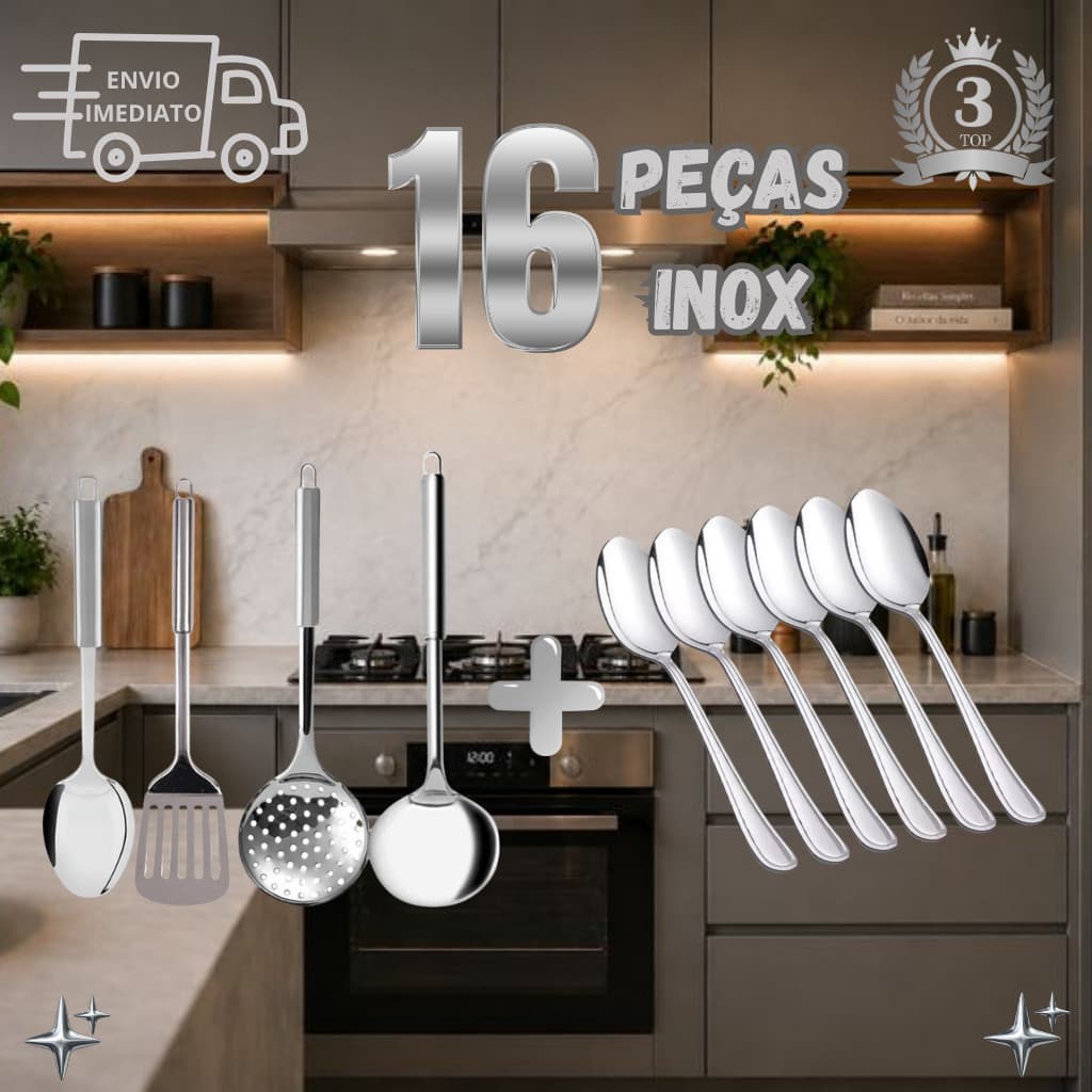KIT 16 PEÇAS INOX - ESCUMADEIRA, CONCHA, COLHER DE ARROZ E MUITO MAIS