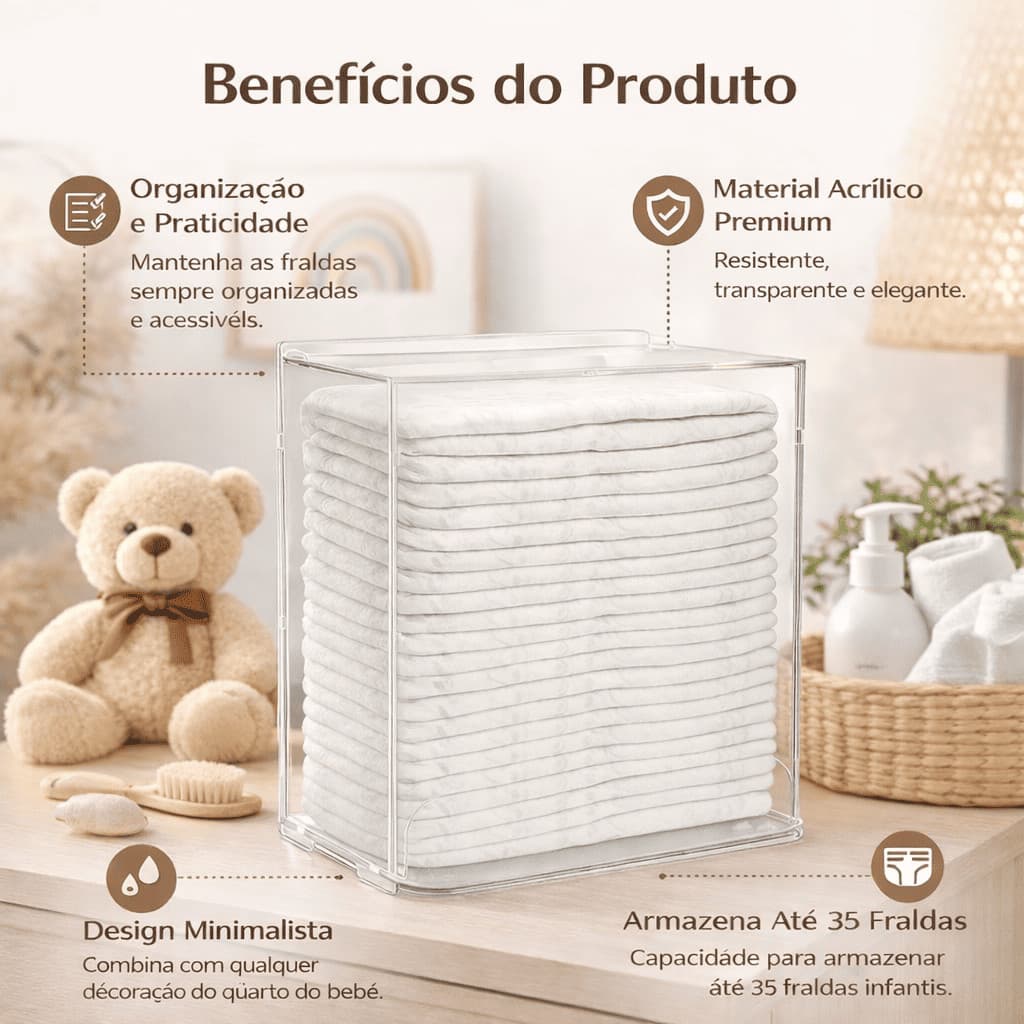 Organizador Porta Fralda Caixa Urna Banheiro Quarto Acrilico Bebe Fraldário Suporte Armazenar
