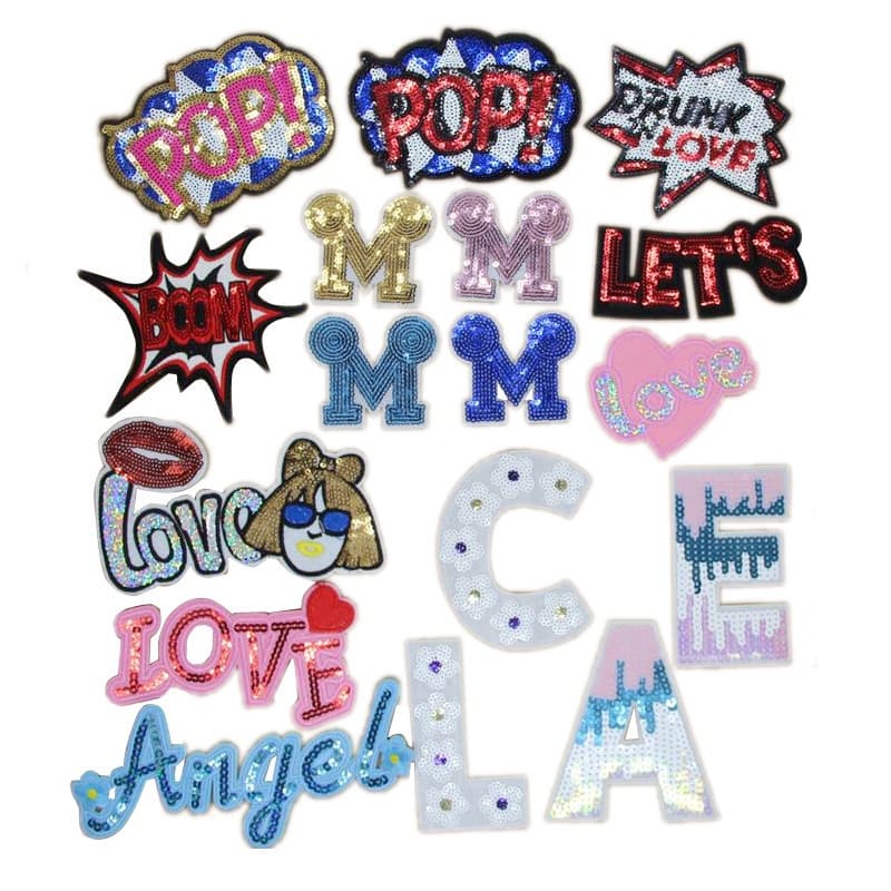 Estilo de lantejoulas letras inglesas M LOVE R POP adesivos de pano bordados roupas crachá braçadeira calças decalques d