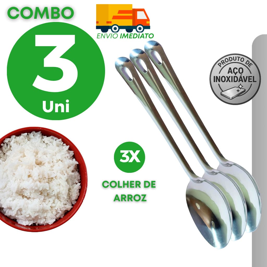 Jogo Colheres de Arroz em Aço Inox com Cabo Ergonômico para Servir no Dia a Dia em Casa e na Cozinha