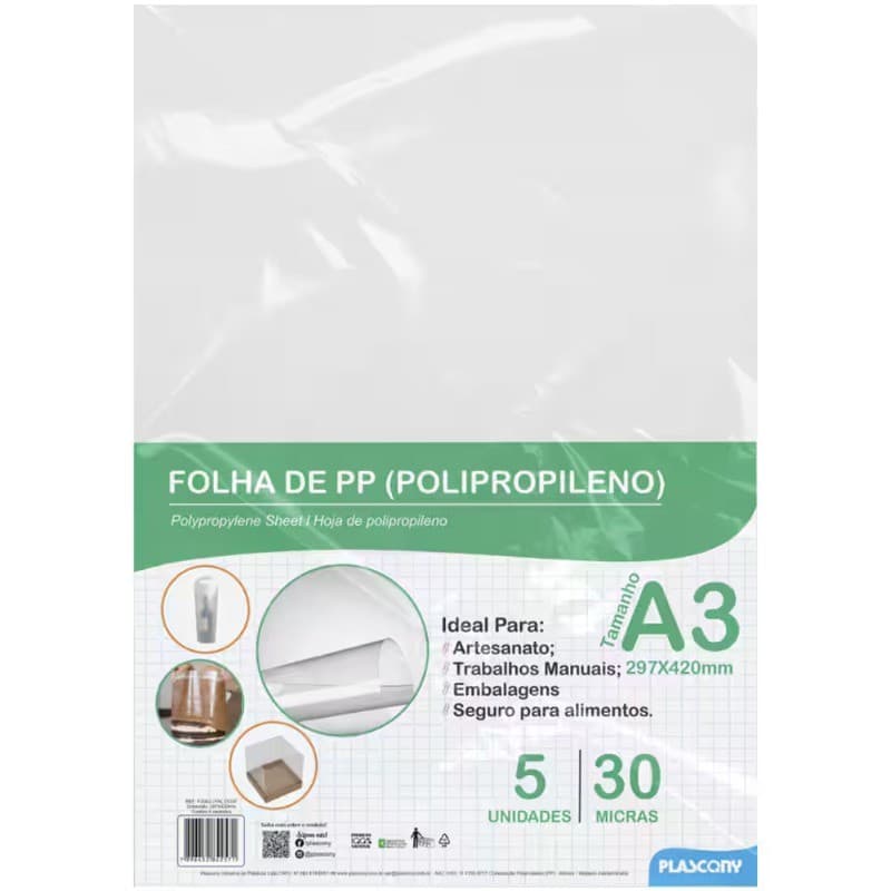 Folha polipropileno, A3, 0,30mm, PAL-01337, Plascony 5 UN