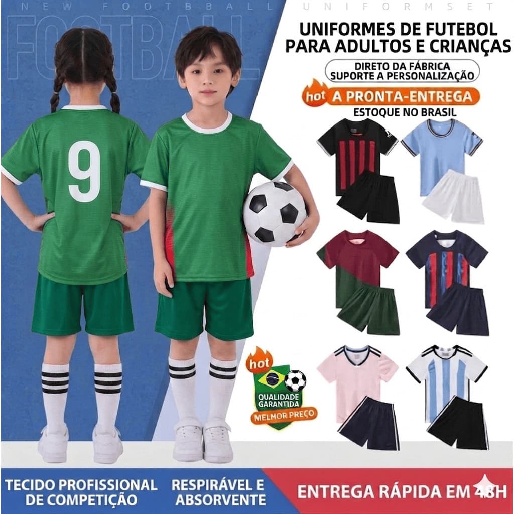 Kit Futebol Infantil PAL-MEI,RAS VERDE Camisa e Short Masculino Roupa de Jogador Para Treino Escudo Bordado