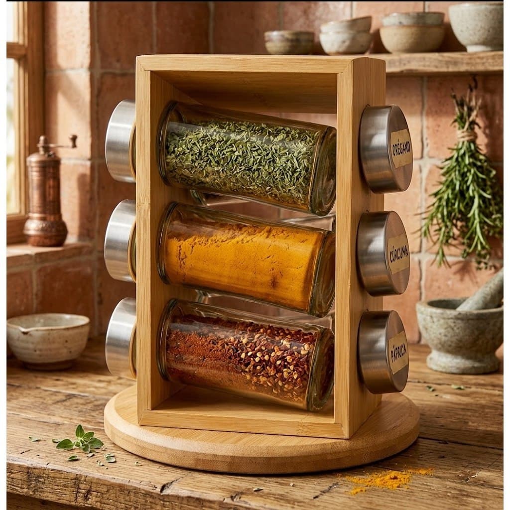 Porta Temperos Condimentos de Bambu Base Giratória 6 Potes vidro Cozinha Moderna visual Decorativo