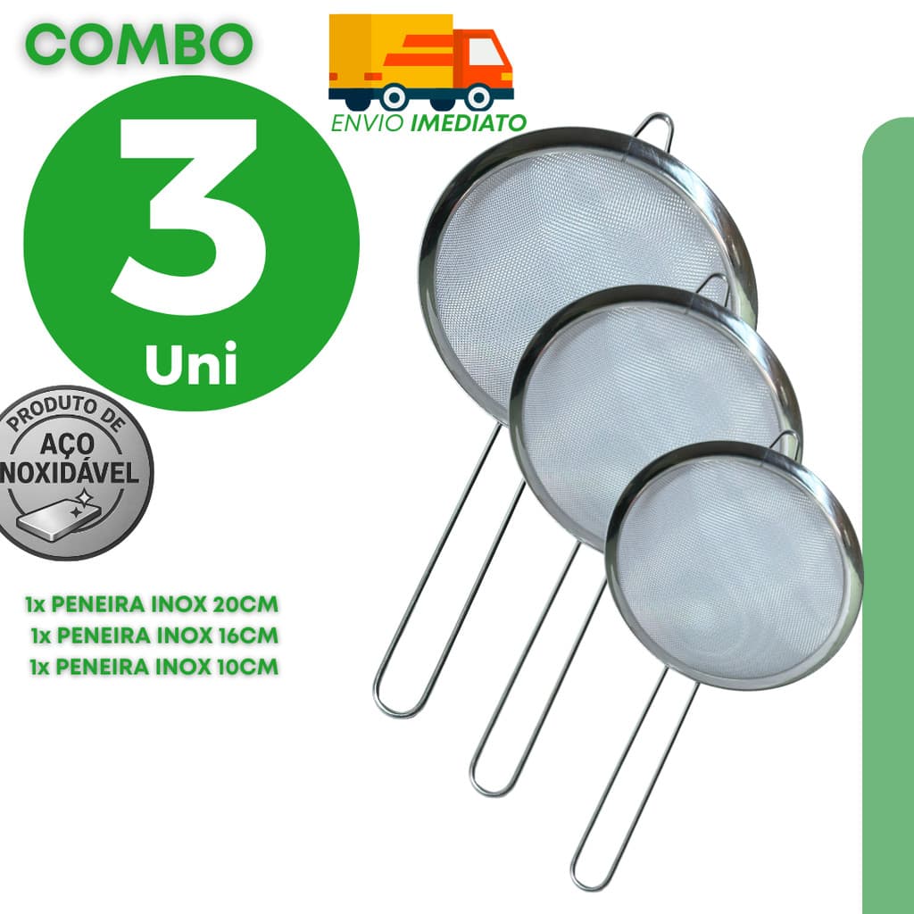 Jogo de Peneiras Aço Inox para Coar Farinha Suco Caldo e Chá Disponível em Diferentes Tamanhos