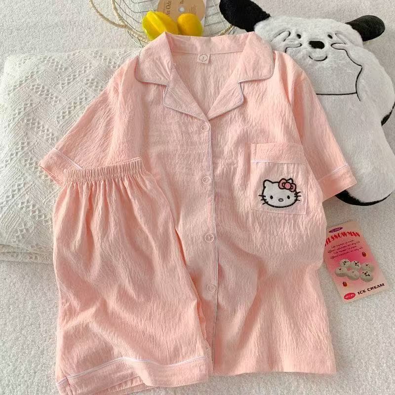 Pijama De Algodão Rosa Hello Kitty Colud Feminino Macio Para Mulheres Tiros De Manga Curta
