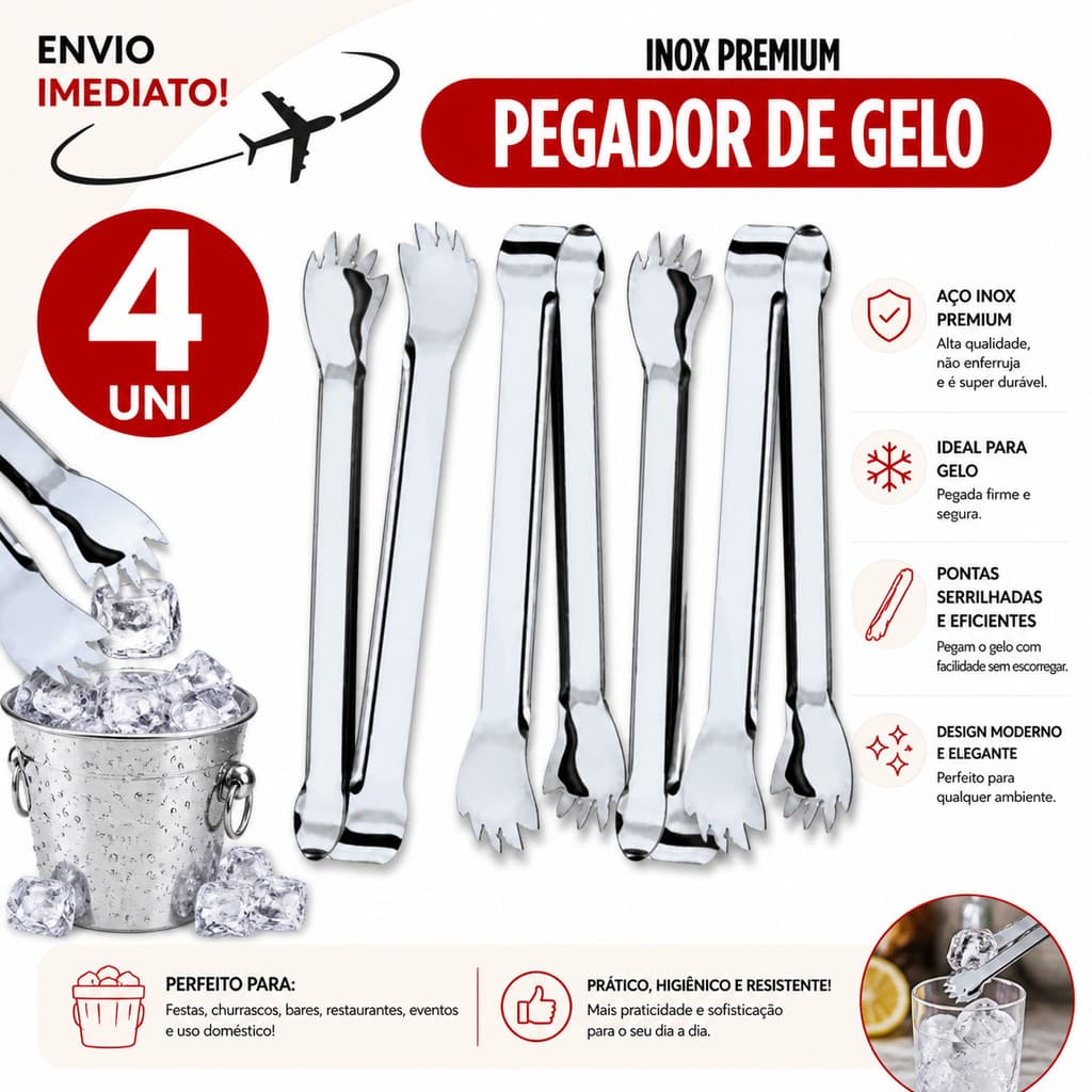 Pegador de Gelo Aço Inox 4 Unidades Profissional Cozinha Bar Drinks Festa * Envio Imediato *
