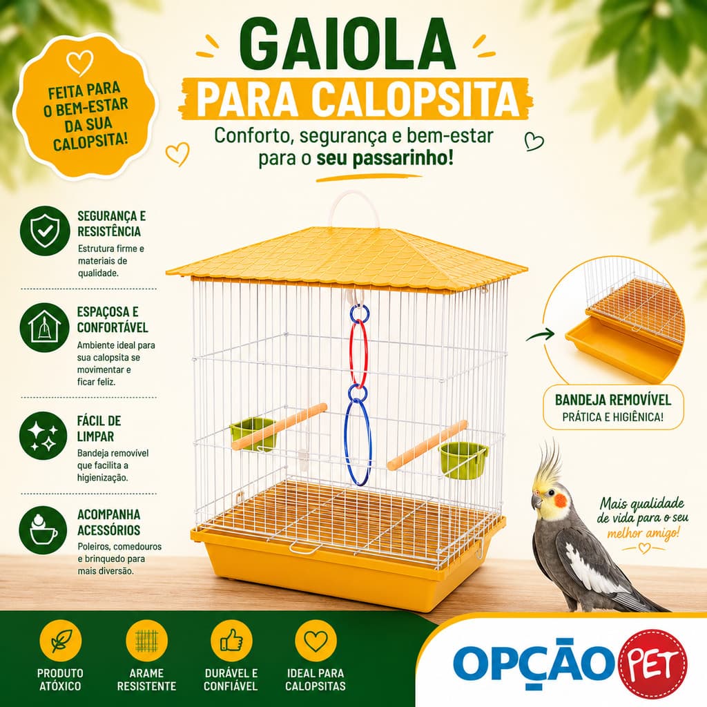 Gaiola para Calopsita + ACESSÓRIO E UM JOGO DE ARGOLAS COLORIDAS mansa teto plástico na cor Amarela - OPÇÃO PET