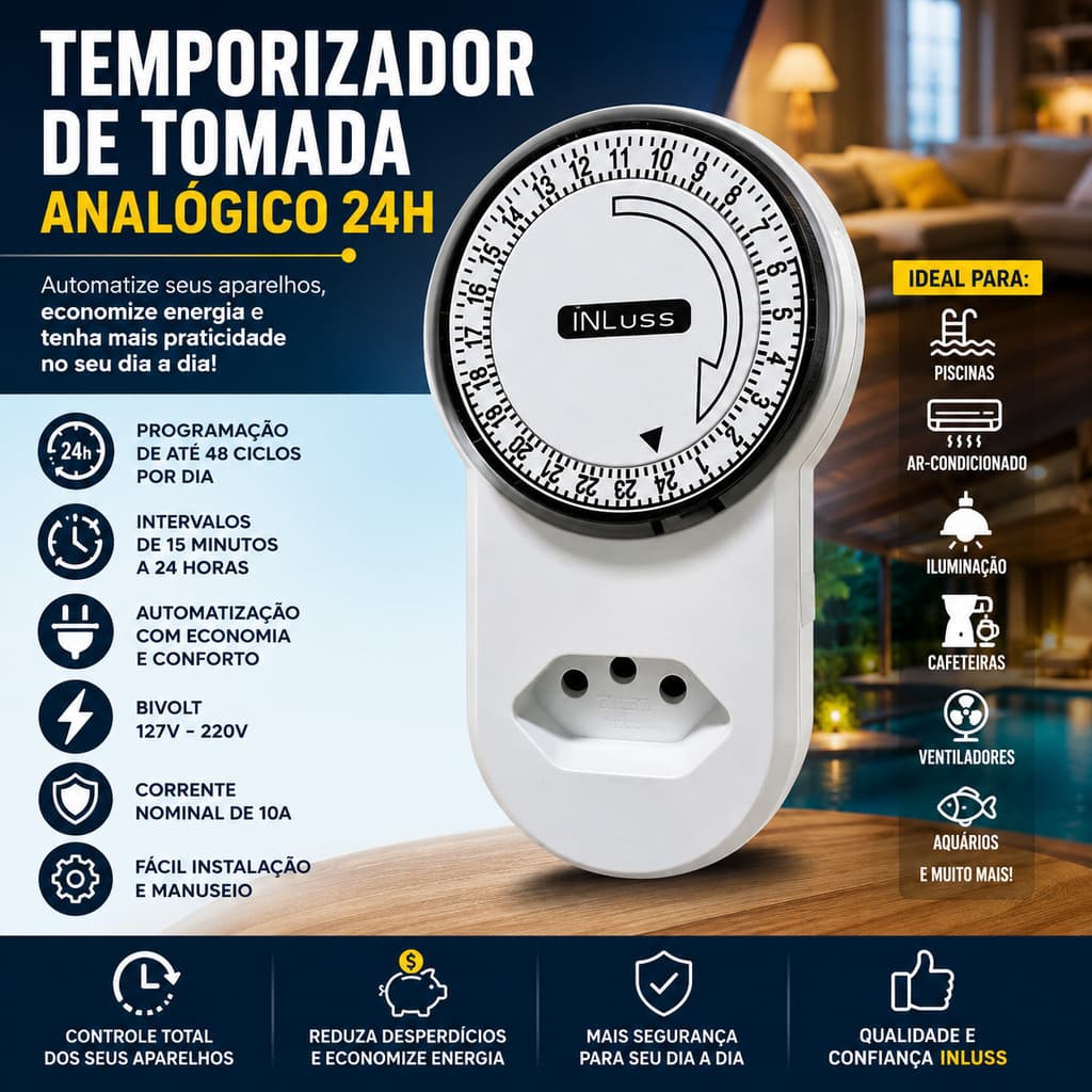 TEMPORIZADOR DE TOMADA BIVOLT 24H ANALÓGICO TIMER PROGRAMÁVEL AUTOMÁTICO 10A PRA ENERGIA. PISCINA, AR-CONDICIONADO