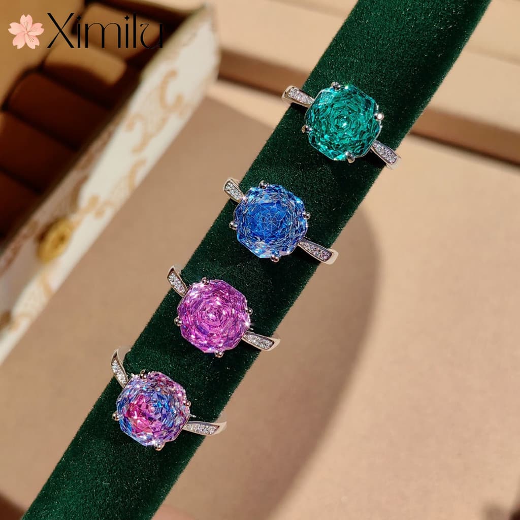 ❤ Moda criativa luz luxo octogonal Millennium rosa corte colorido anel de diamante incrustado rosa paraíba jóias