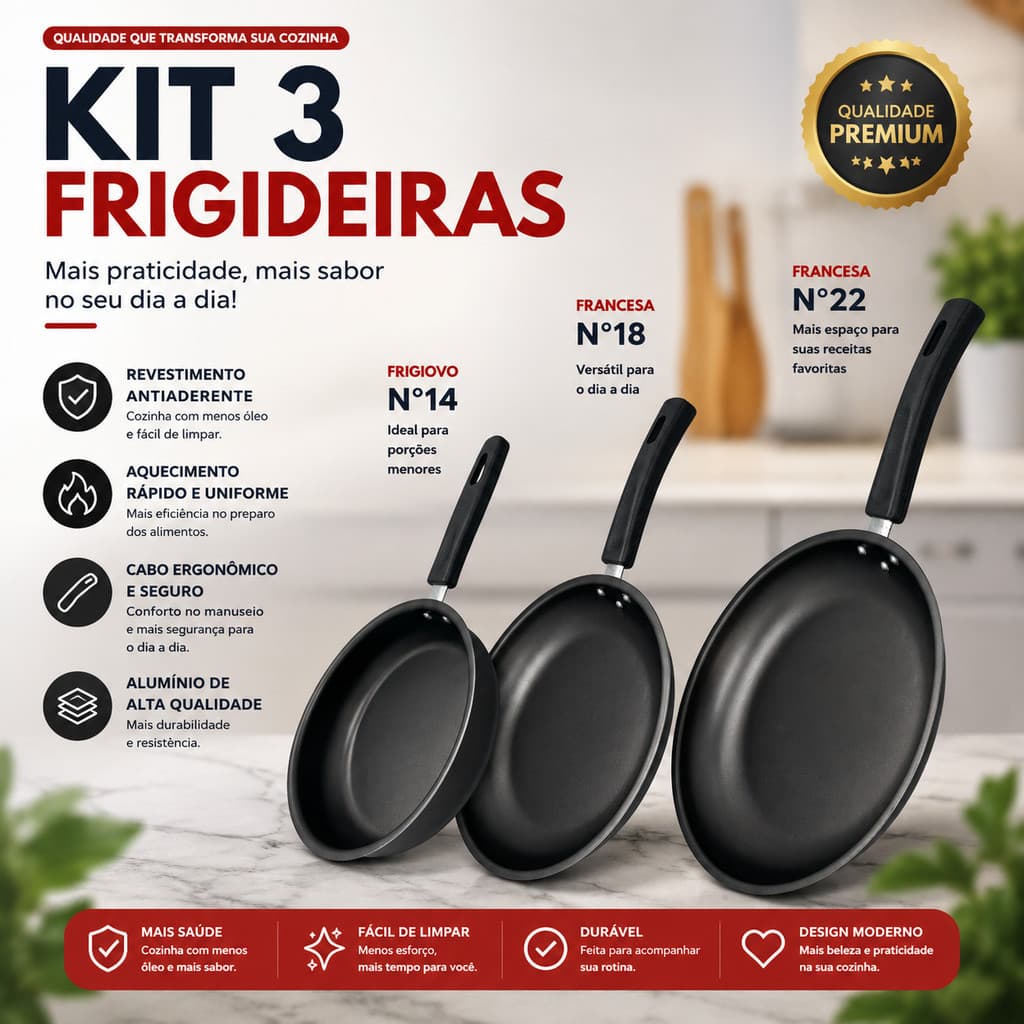 KIT 3 FRIGIDEIRAS FRIGIOVO TAPIOQUEIRA ANTI ADERENTE 5 CAMADAS