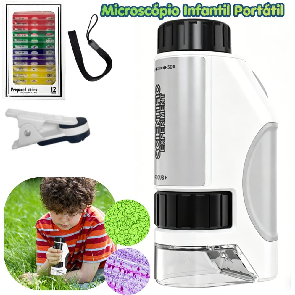 Microscópio Infantil Portátil 300X Com Luz LED + Adaptador Para Celular + 12 Lâminas