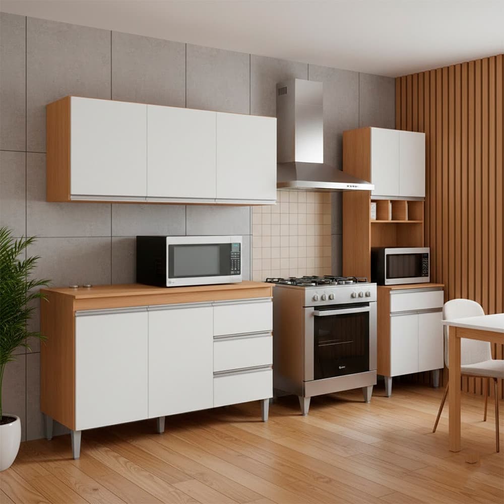Conjunto Kit Cozinha Compacta Balco sem Tampo e Areo 120cm e Armrio Paneleiro Torre AJL Mveis