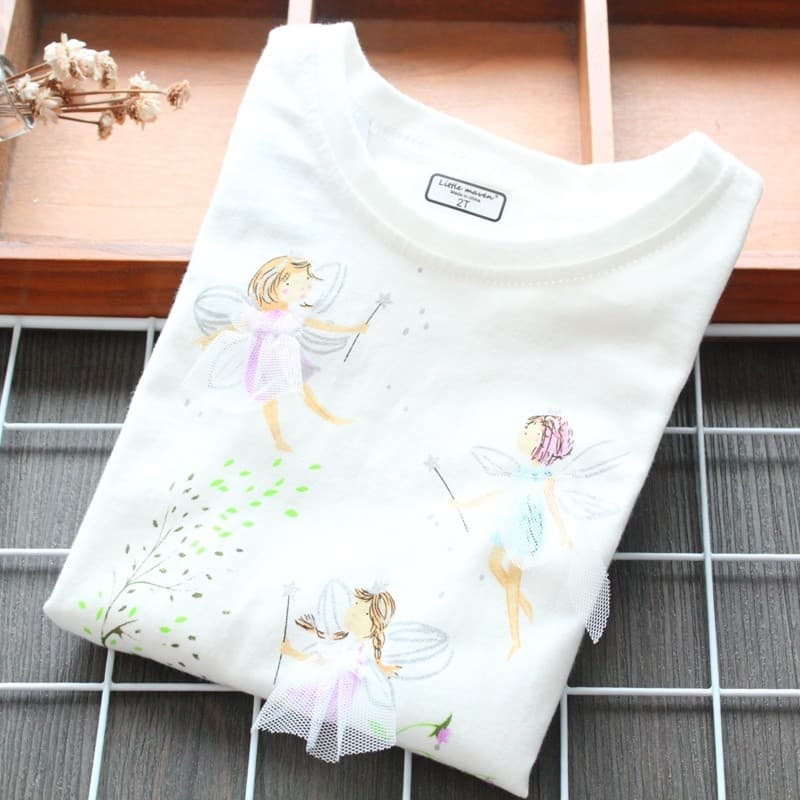 Meninas camiseta camisa de fundo outono novo estilo europeu americano dos desenhos animados em torno do pescoço de manga