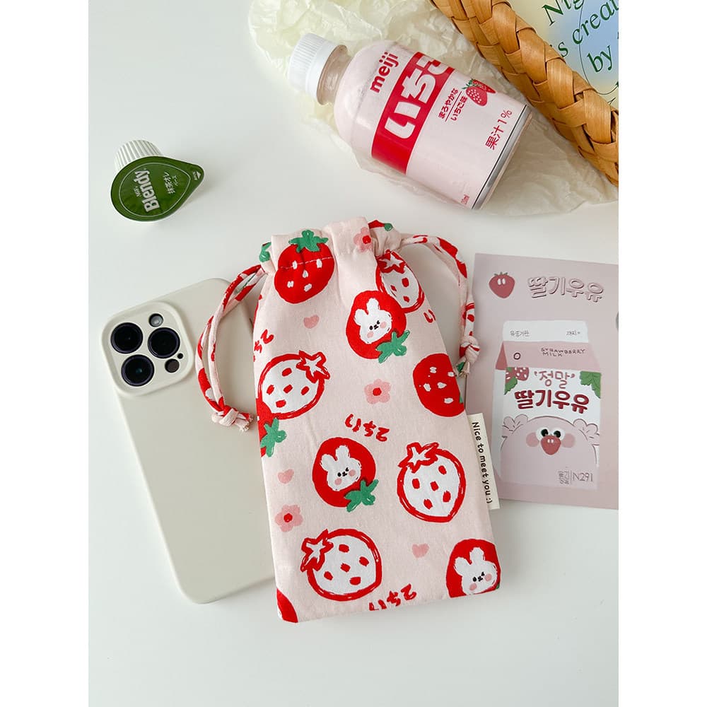 Versão atualizada morango coelho saco do telefone móvel feminino tecido algodão cordão bolso saco de armazenamento bonit