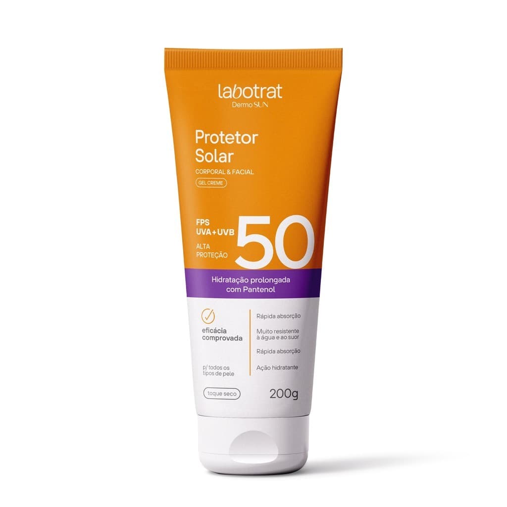 Protetor Solar FPS 50 Rosto Corpo Pantenol Toque Seco Anti Manchas Invisivel Resistente Agua Suor 200ml