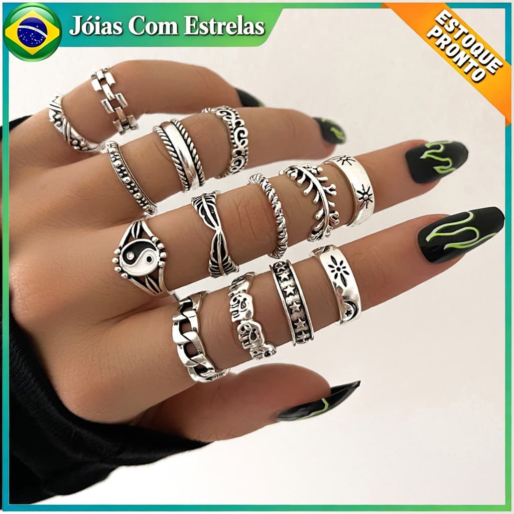 Kit 14 Anéis Punk Gótico Caveira Yin Yang Liga de Zinco Ajustável Moda Urbana