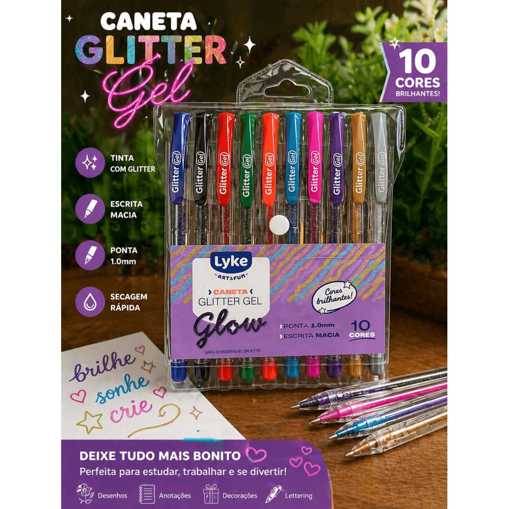 Kit Caneta Coloridas Glitter Lyke Gel 1.0mm - 10 Cores