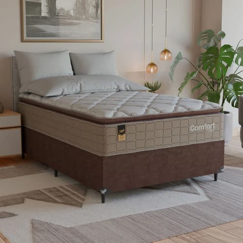 Cama Box Viúva + Colchão Comfort Class Pillow Top 128x188  Bege/suede Marrom