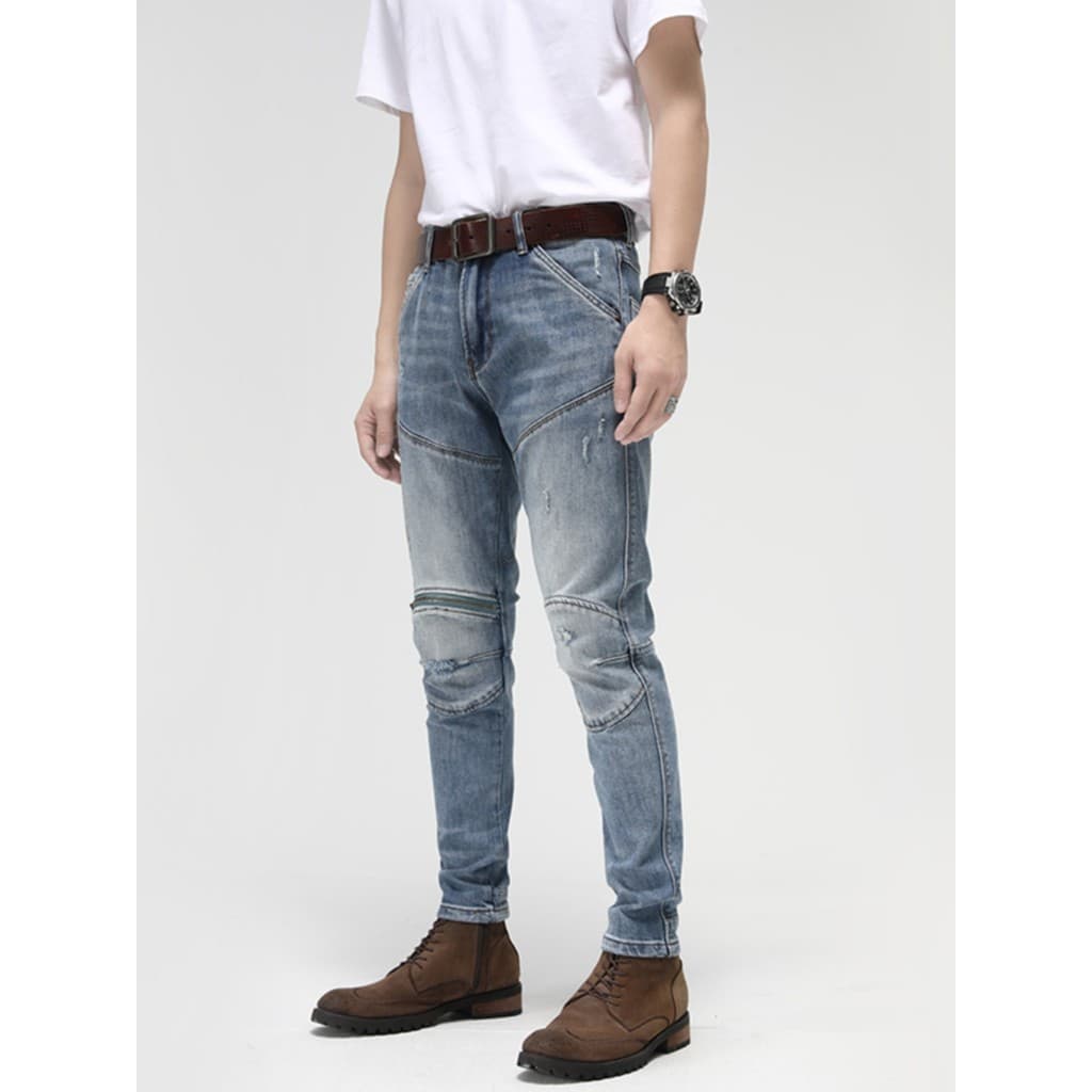 Homens motocicleta costura Jeans Street Wear solto Retro único zíper Multi-bolso pequeno em linha reta