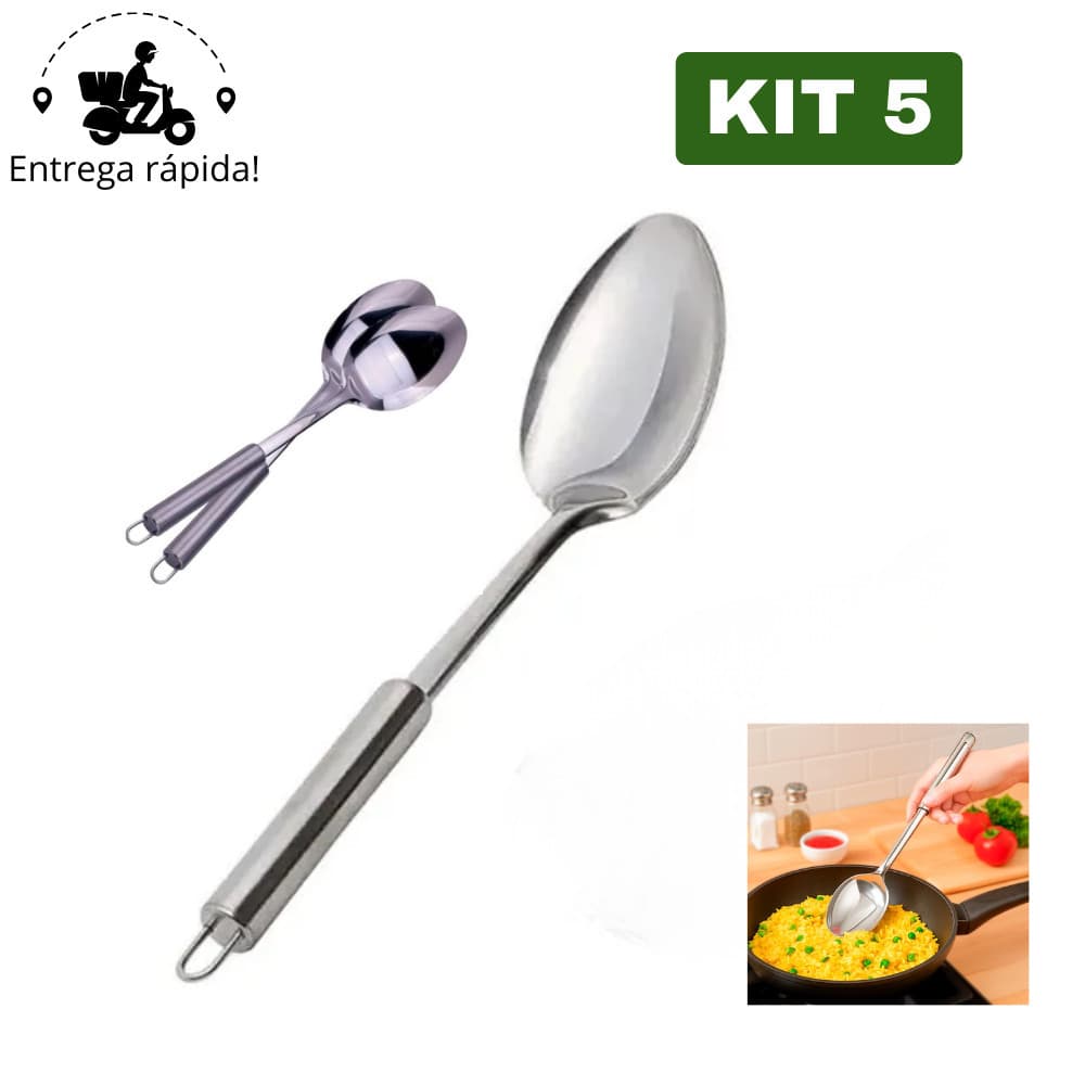 Kit 5 Colher de Arroz Aço Inox Grande Luxo – Utensílio de Cozinha Multiuso Premium e Resistente MC