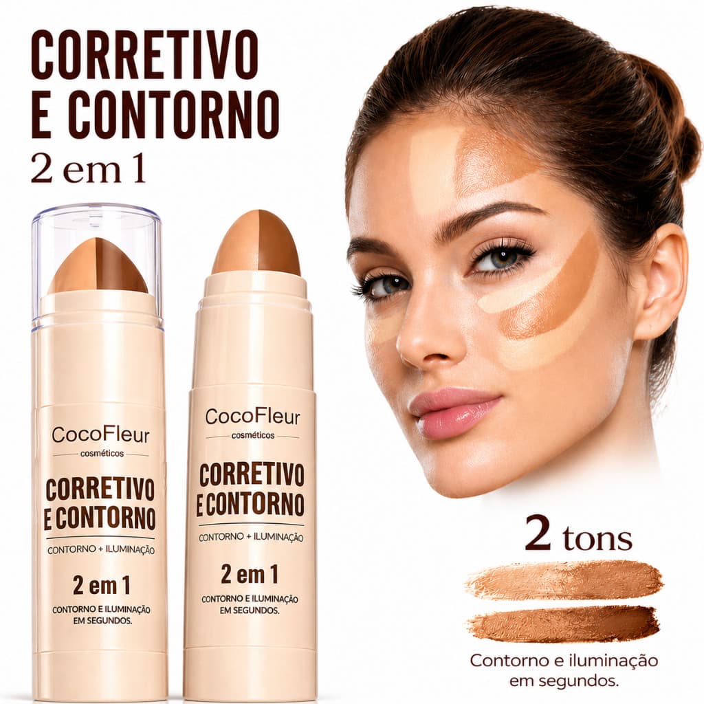 CocoFleur Corretivo e Contorno 2 em 1 Stick Facial Alta Cobertura, Iluminação e Contorno Profissional Fácil Aplicação
