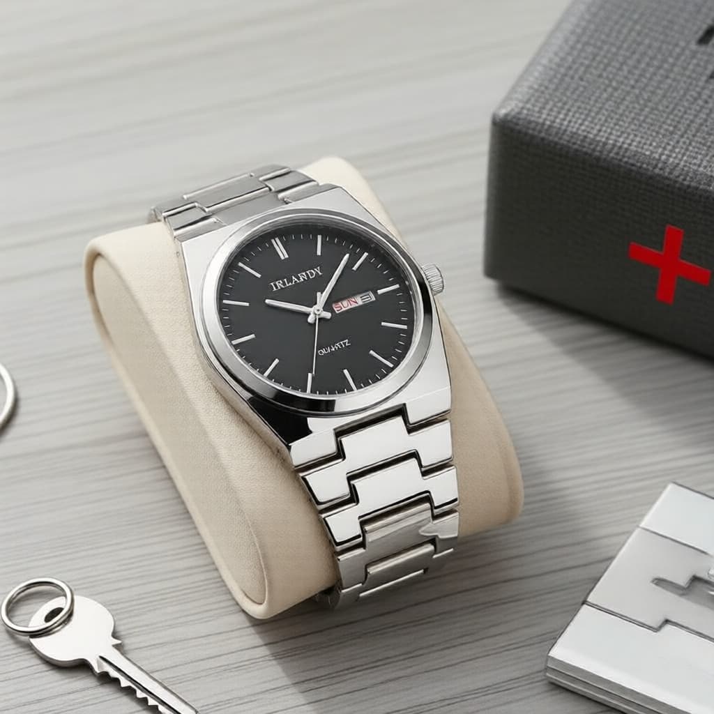 Relógio masculino de luxo em aço inox com movimento quartzo, mostrador calendário elegante, acompanha caixa