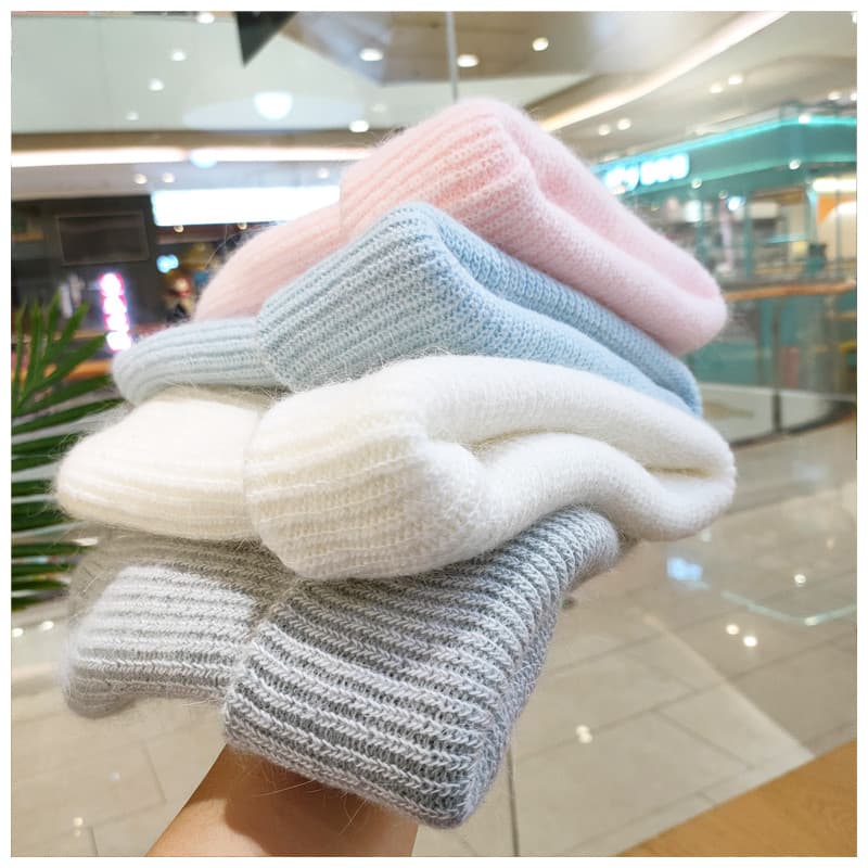 Outono inverno cor sólida dupla camada de lã de coelho chapéu de lã de malha feminino quente proteção de ouvido pulôver