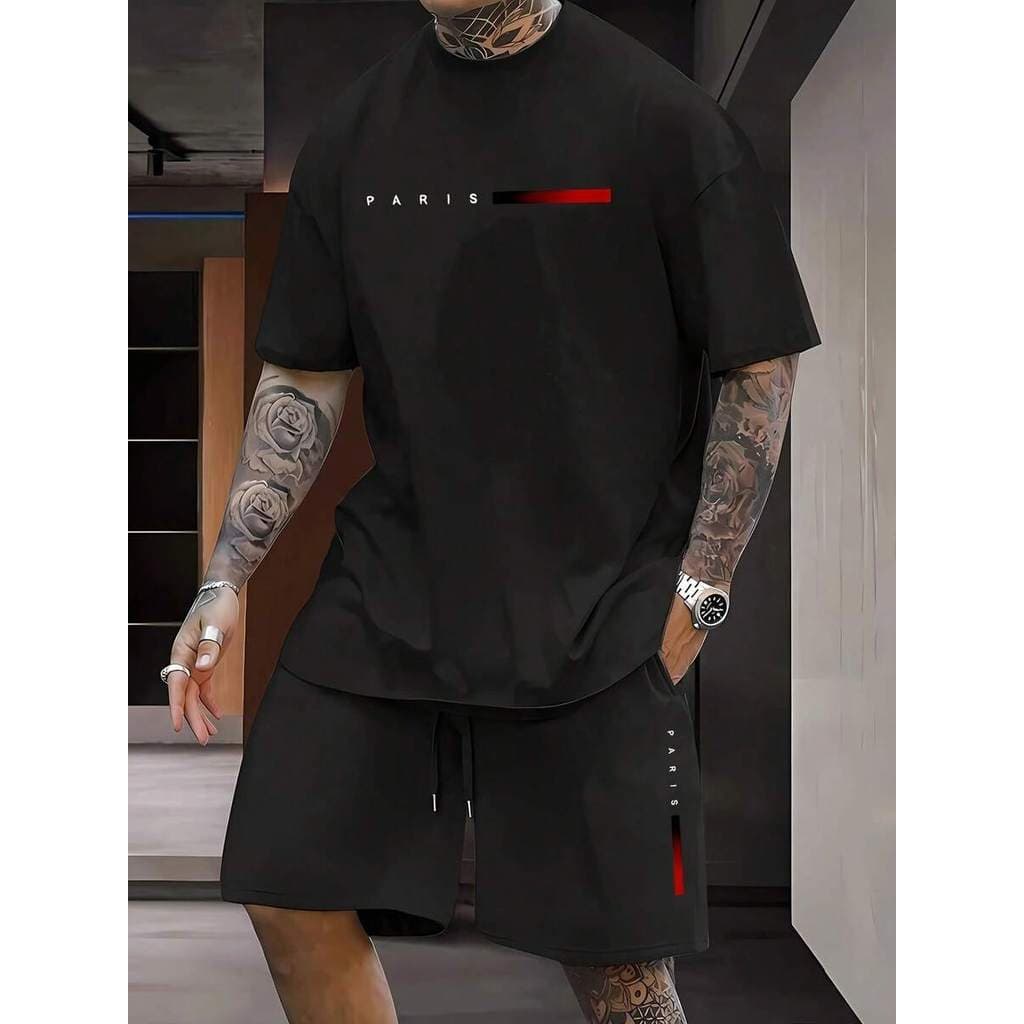 Kit 2 Peças Paris com detalhe Listra vermelha Degrade Conjunto Masculino Camiseta  Algodão Short Tactel Moda Masculina