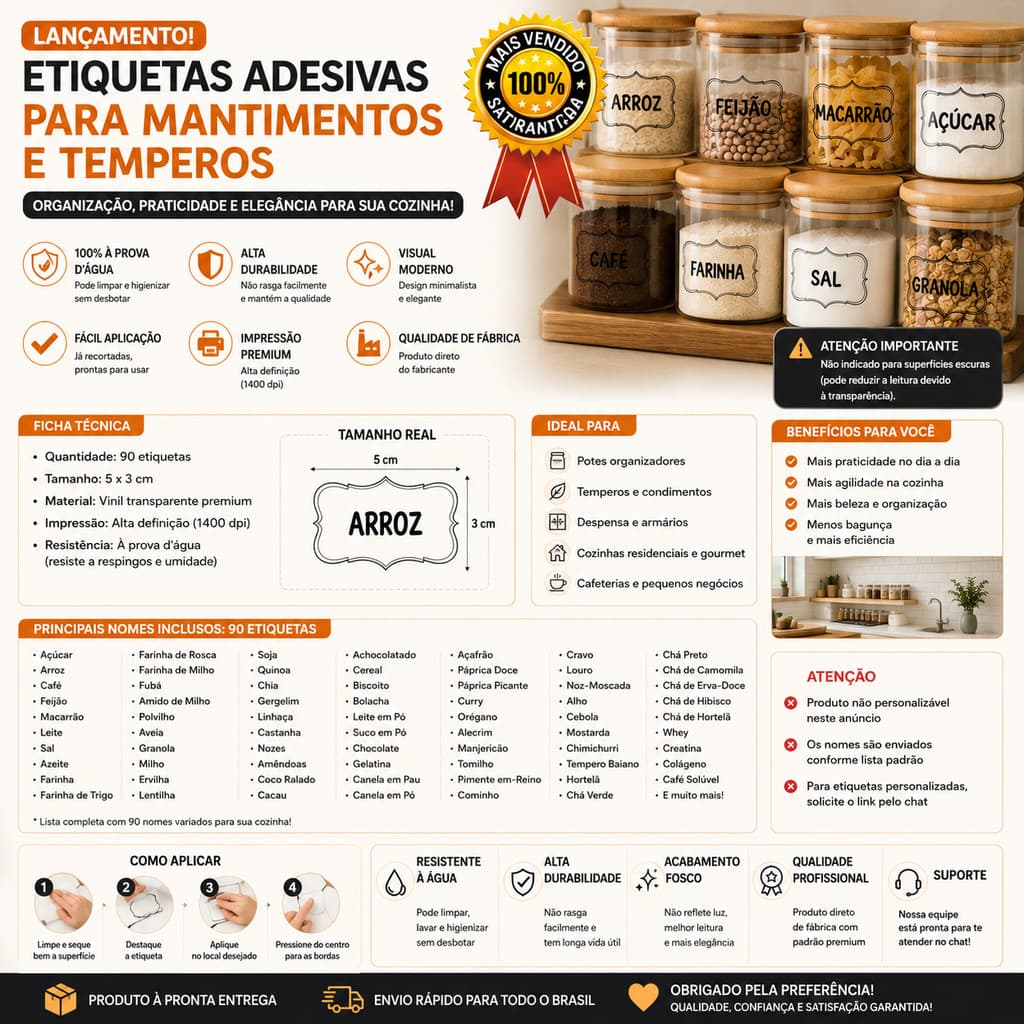 Kit 90 Adesivos para Potes Temperos – Etiquetas Organizadoras de Mantimentos 5x3cm em Vinil
