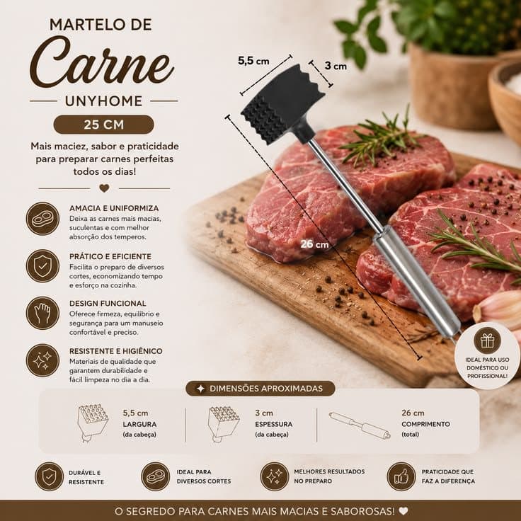 MARTELO DE CARNE INOX UNYHOME 25 CM