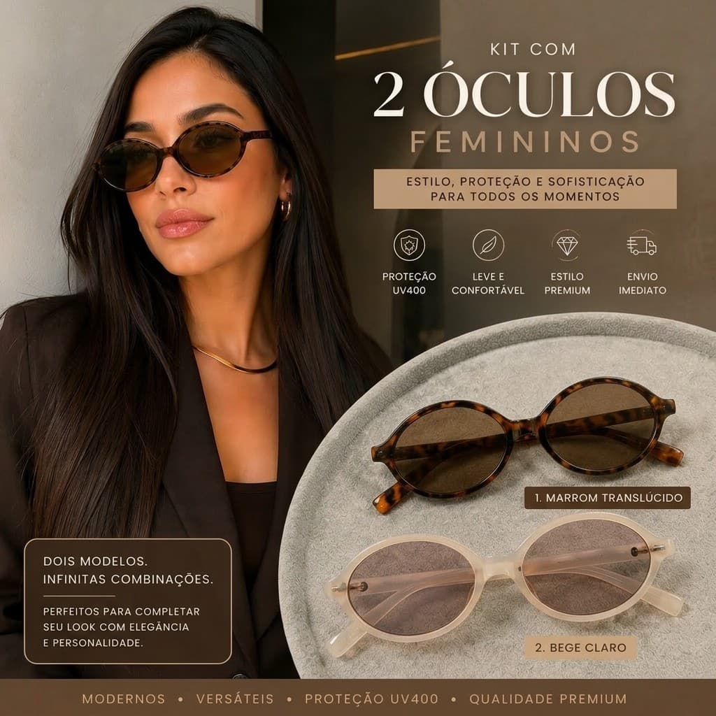 Kit 2 Óculos Feminino Oval Retrô Vintage Luxo Premium Marrom Translúcido e Bege Claro UV400 Fashion Moda