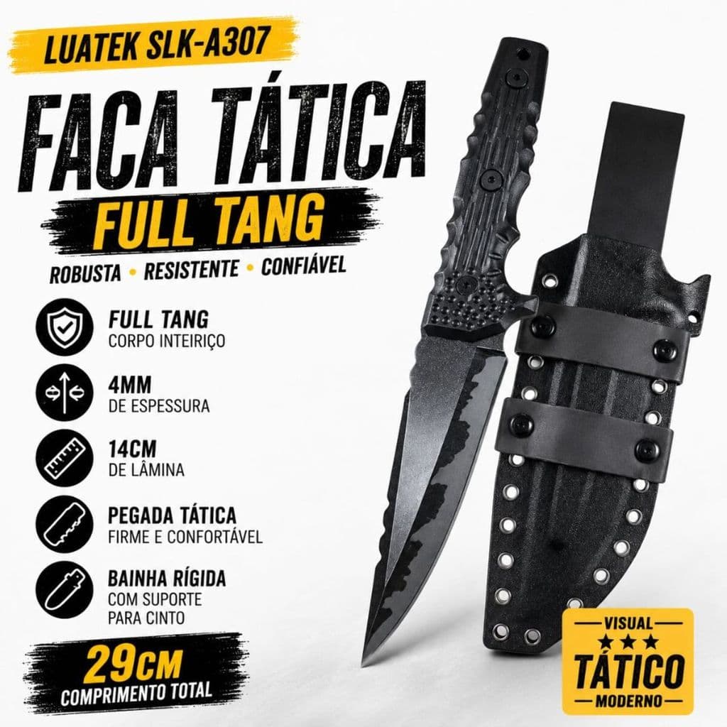 Faca TAtica Full Tang Luatek SLK-A307 29cm 4mm Com Bainha Rigida Camping Sobrevivencia