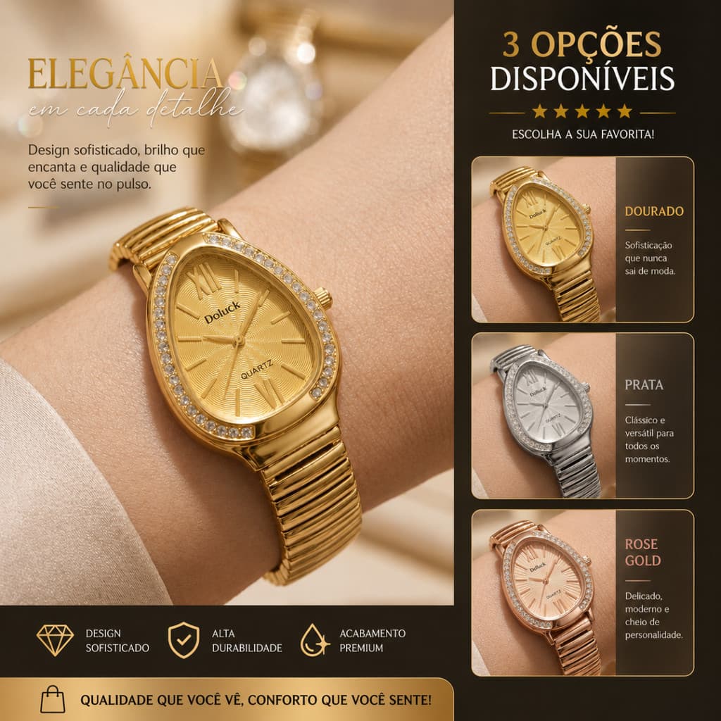 Relógio Feminino Oval Formato Cobra Pulseira Flexível Dourado Relógio Gota Com Pedras Luxo