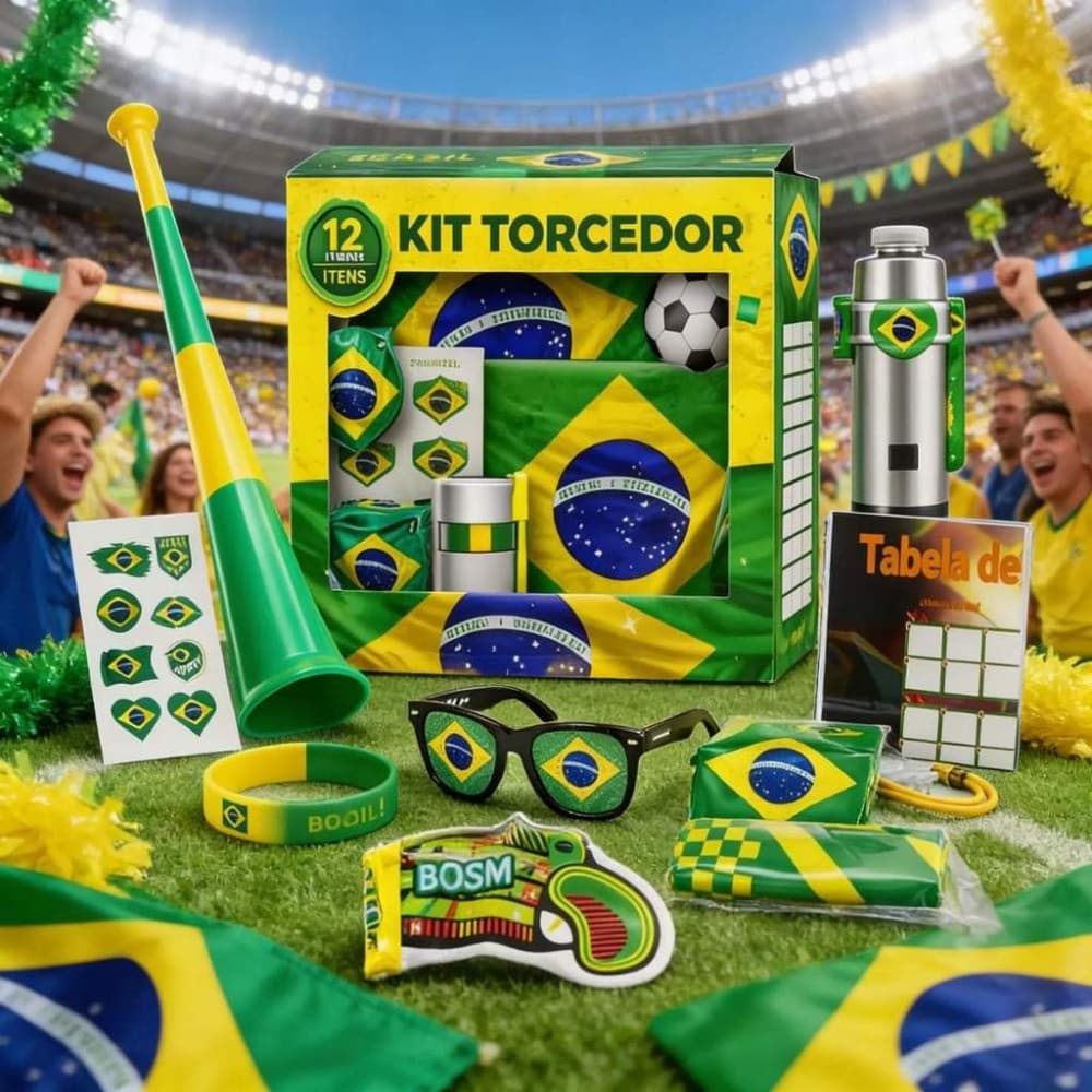 Kit Torcedor Brasil Completo com 12 itens incluindo Bandeira Copa do Mundo Futebol Premium