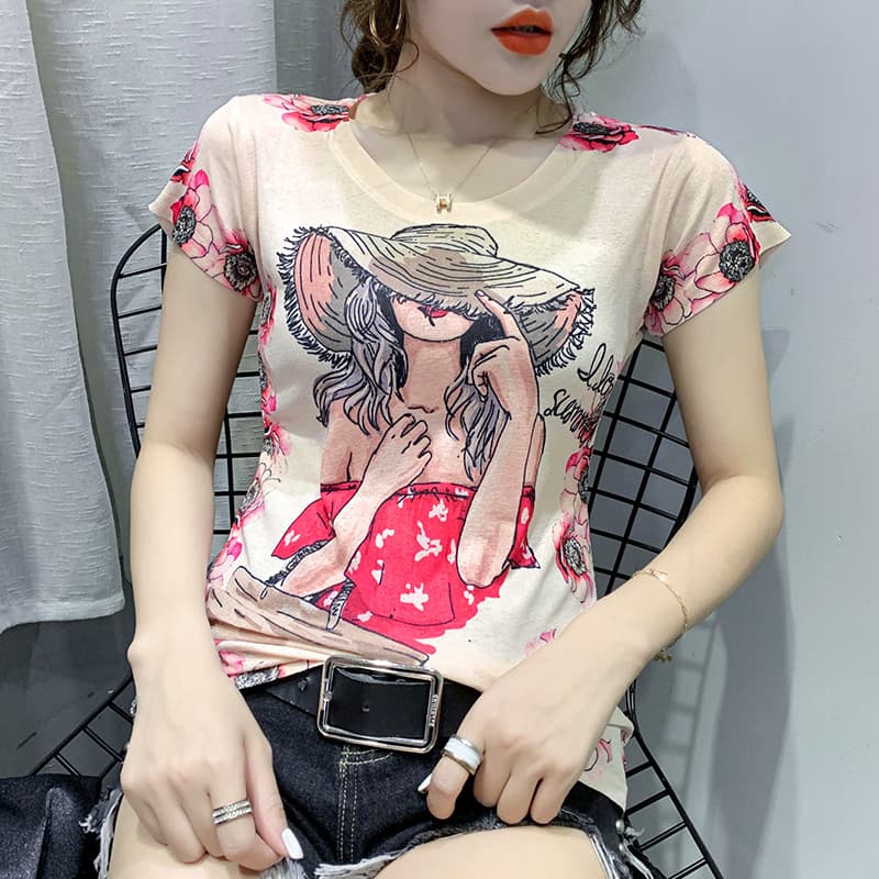 Estação Europeia 2024 Verão Novo Estilo Moda Impressa Camiseta de Manga Curta Feminina Carta Personagem Camisa Pequena S
