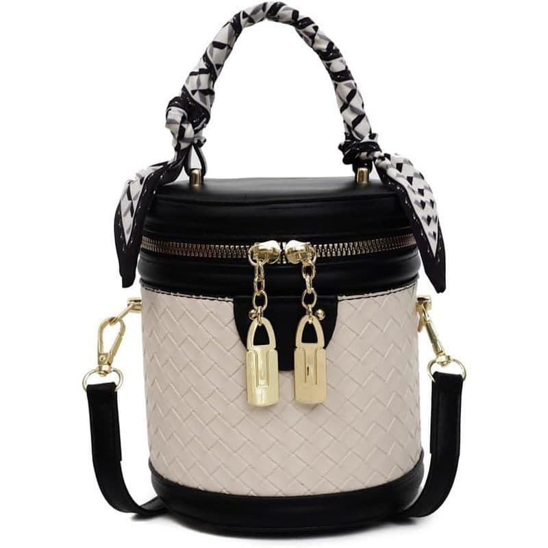 Bolsa Balde Retrô Feminina Couro PU Branco Escuro Xadrez Cor S Ombro Redondo Alça Requintada Com Cordão De Laço De Seda