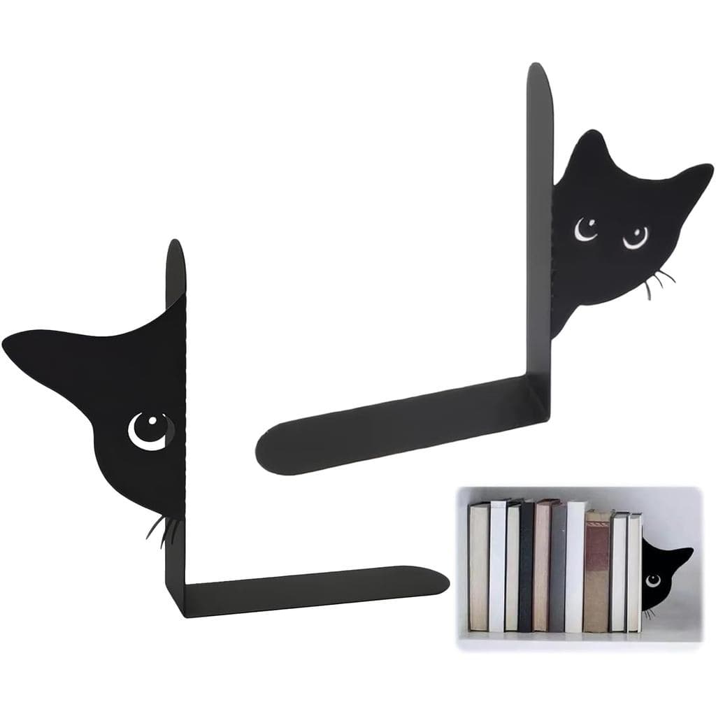 Metal Cat Bookends, 1 Pair Cute Cat Bookends for Shelves Decorative for Home Office Desk Bookshelf Decor (Black,Full-fac