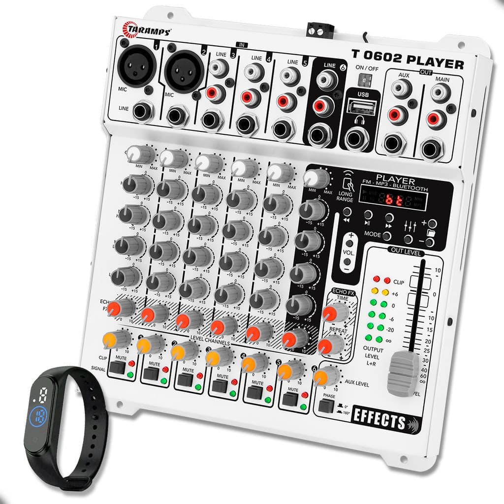 Mesa de Som Taramps 6 Canais T0602 Player Echo FX Bluetooth USB Mixer e Relógio
