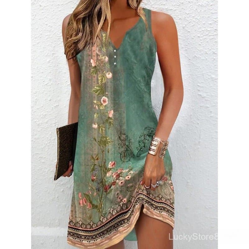 Vestidos De Verão Moda Para Senhoras Impressão Com Decote Em V Sem Mangas Casual Solto Longos Femininos 2023