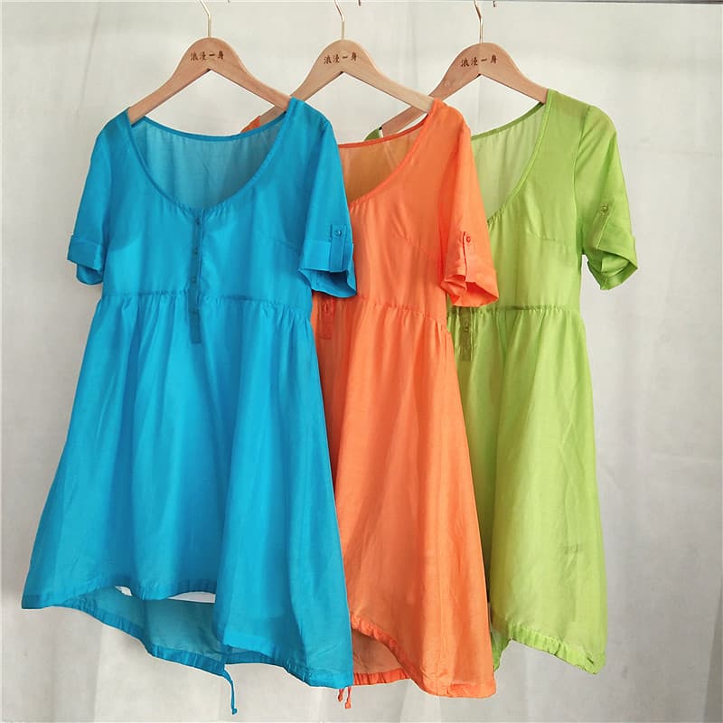 R RMEO Romântico Um Verão Feminino Duas Peças Casual Vestido Solto Seda Mulberry Manga Curta Saia Gola Redonda