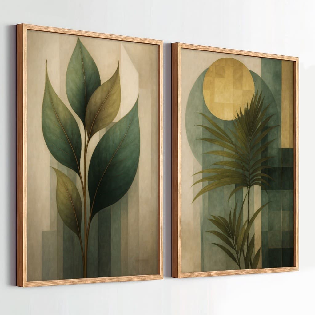 Kit 2 Quadros Decorativos Com Moldura 40x60 Folhagem Abstrata Grande Moderno Para Sala Quarto
