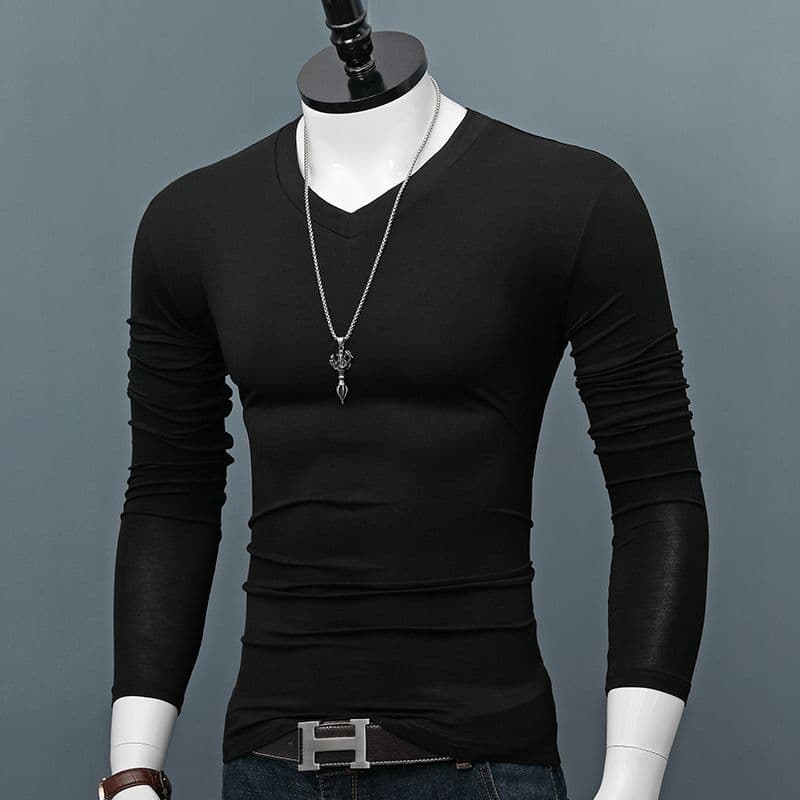Camiseta masculina de manga comprida com decote em V elástica tamanho grande camisa de fundo Slim fit All-Match Soli