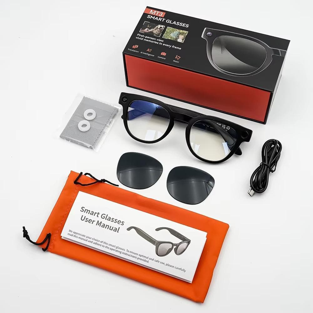 Óculos Inteligente MT3 Câmera 8MP Full HD + IA Tradução + Kit Lentes (Sol, Anti Luz Azul e Foto) Ultra Leve 38g