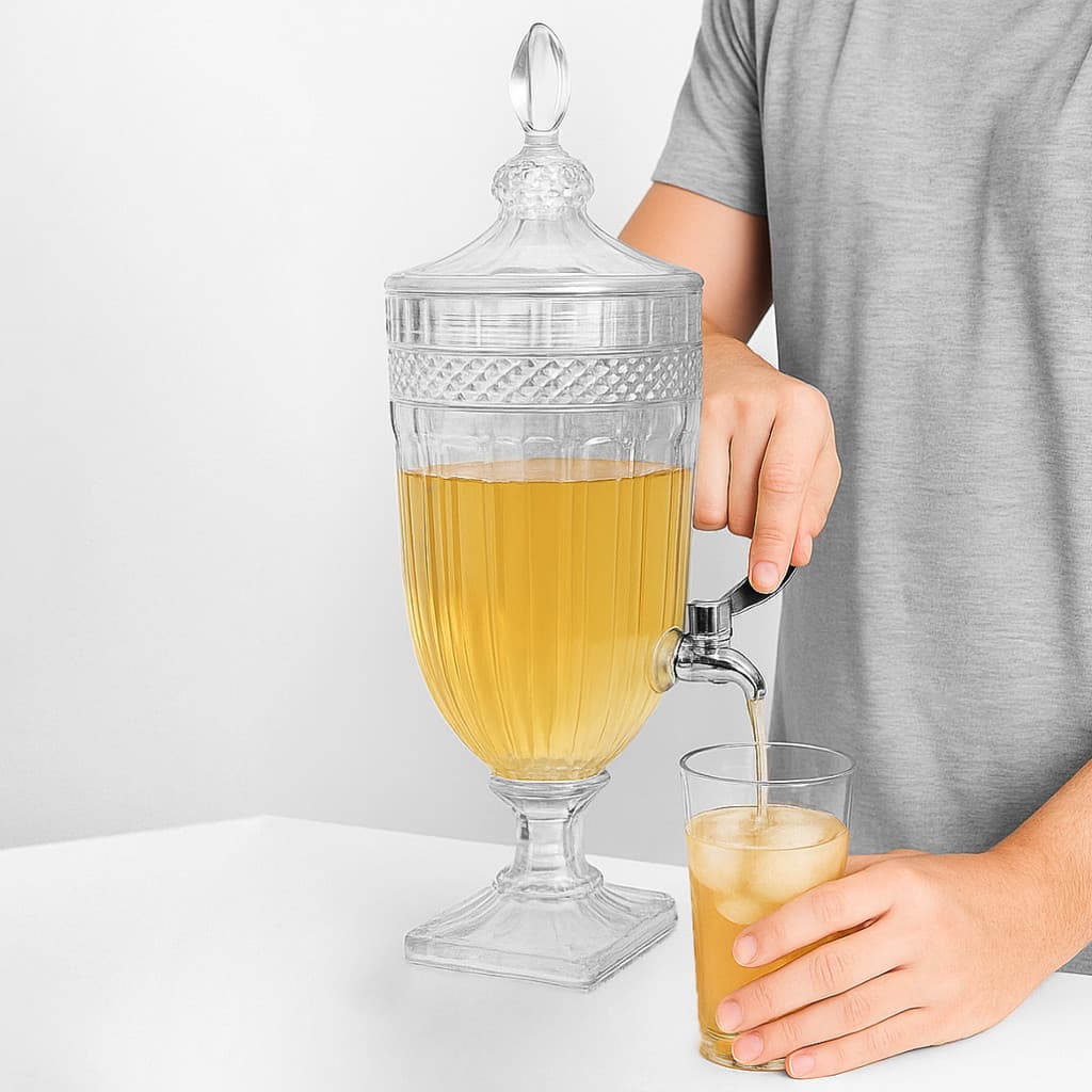 Suqueira De Vidro Trabalhado 5 Litros Dispenser Torneira Para Festas Água Aromatizada