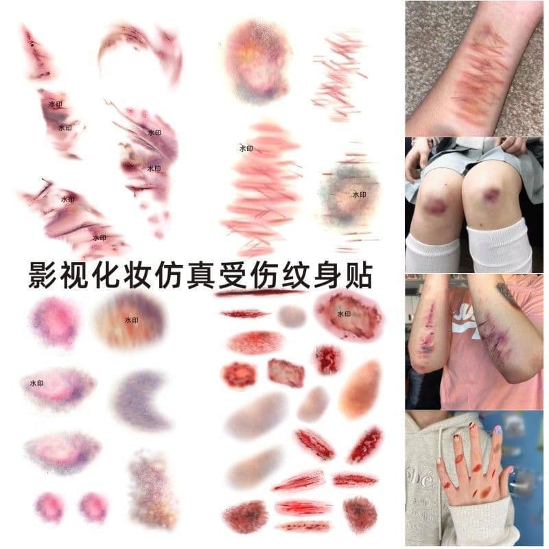 3 adesivos de tatuagem falsa de cicatriz, hematomas e feridas realistas em 3D para Halloween