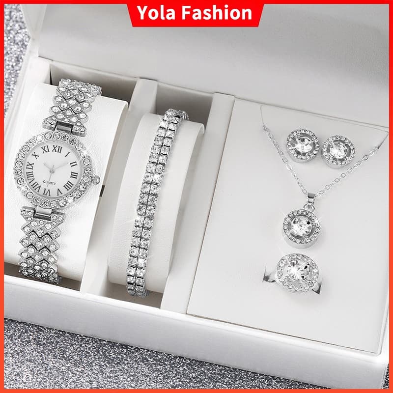 Relógio Feminino de Moda em Aço Inoxidável com Diamantes e Conjunto de Joias de Quartzo