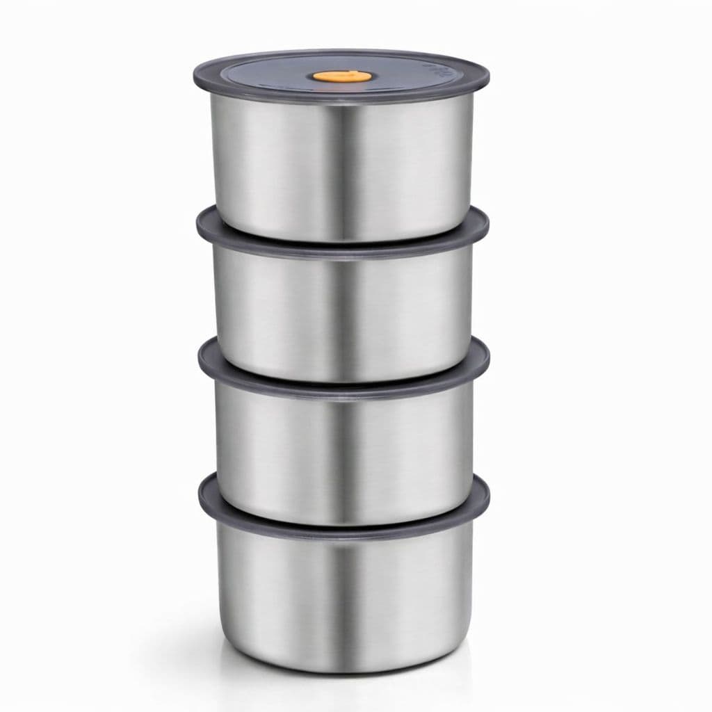 Kit 4 Potes Herméticos Redondo Inox 450ml Vasilha Aço Inoxidável Tampa Vedação