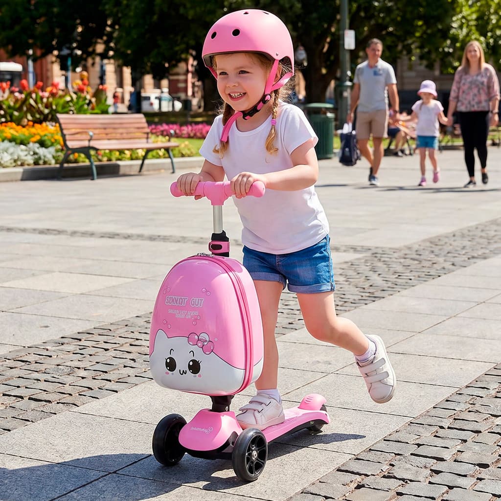 Patinete Elétrico Infantil Rosa Com Mochila Guarda Brinquedos Scooter Dobrável Motorizado Menina Top