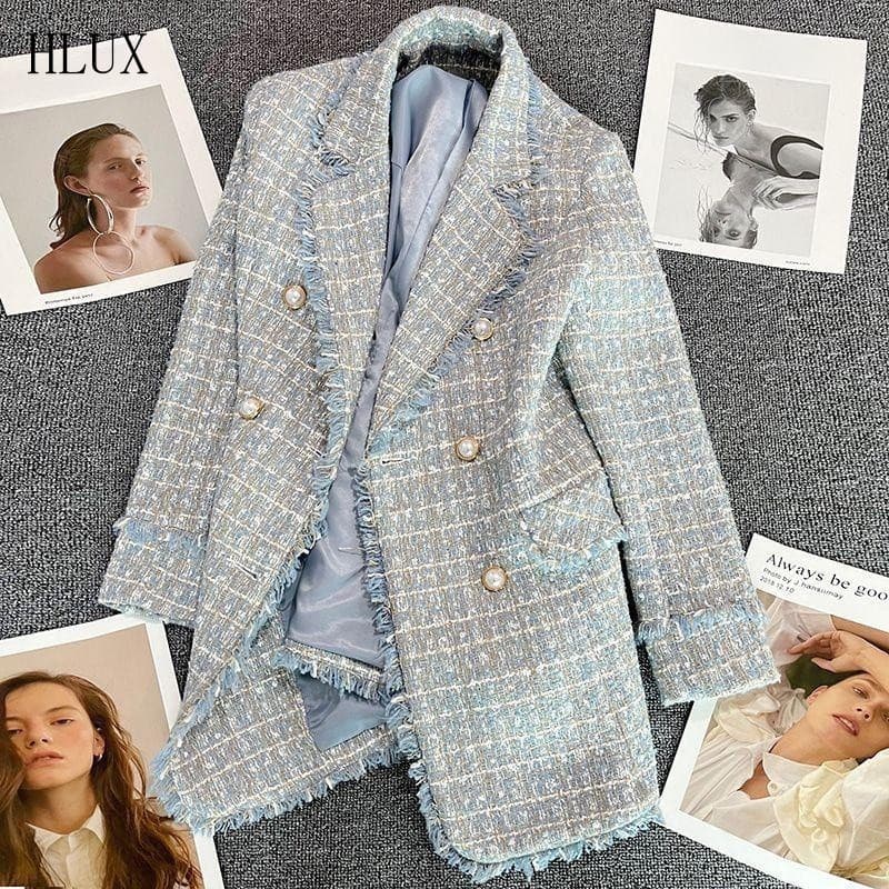 Blazer Feminino de Tweed Tamanhos S-4XL, Abotoamento Duplo, Corte Solto, Moda Primavera-Outono, Casual, Elegante, Formal