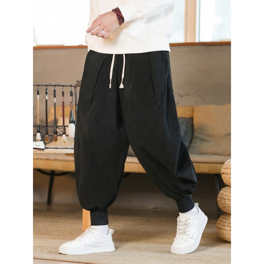 Estilo chinês masculino veludo calças de perna larga tamanho grande solto Casual Harem calças outono inverno calças espo